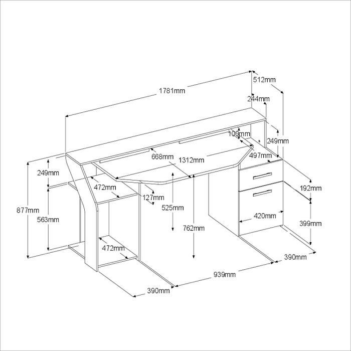 Bureau gaming avec LED Silver - DÈcor chene et mÈlamine blanc brillant - L 178 x P 88 x H 68 cm - PARISOT