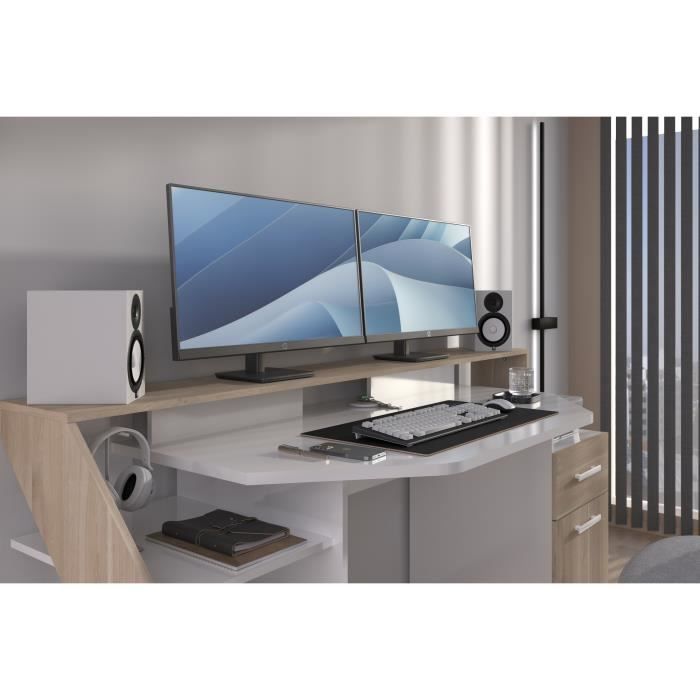 Bureau gaming avec LED Silver - DÈcor chene et mÈlamine blanc brillant - L 178 x P 88 x H 68 cm - PARISOT