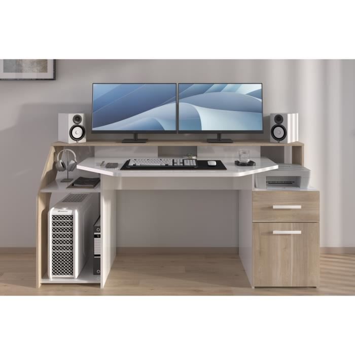 Bureau gaming avec LED Silver - Décor chene et mélamine blanc brillant - L 178 x P 88 x H 68 cm - PARISOT