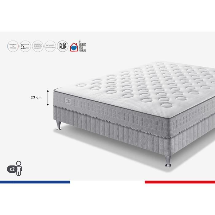 Matelas 140 x 190 SIMMONS - Hauteur 23 cm - Ressorts ensachés - Suspension Sensoft - No Flip - Fabriqué en France - SW1