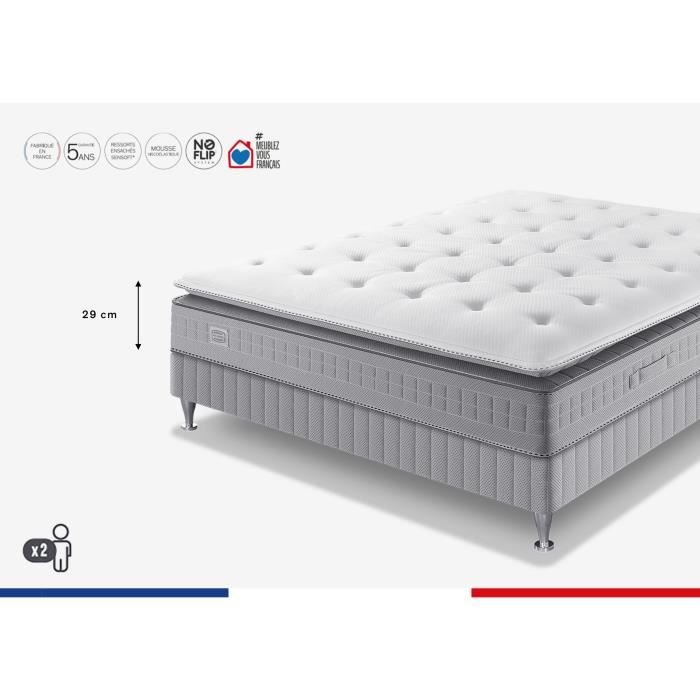 Matelas 160 x 200 SIMMONS - Hauteur 29 cm - Ressorts ensachés Sensoft - No Flip - Enveloppant - Fabriqué en France - SW5