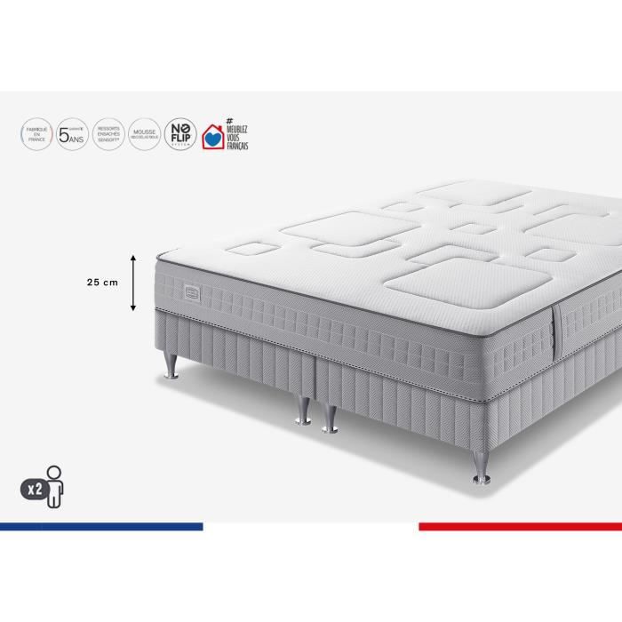 SIMMONS SW3 Ensemble 160 x 200 matelas + 2 sommiers - Ep. 25 cm - No Flip - Ressorts ensachés - Ferme - Fabriqué en France