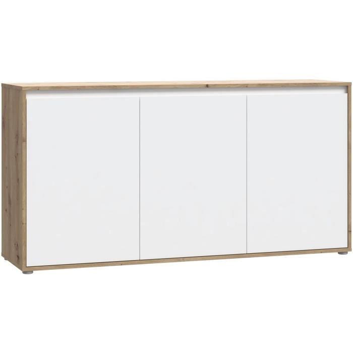 Buffet - SKELPE - Blanc mat et chene - 3 portes + 3 tablettes - 152,6 x 42 x 78,5 cm