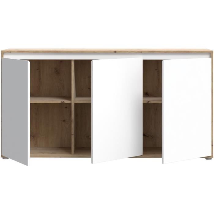 Buffet - SKELPE - Blanc mat et chene - 3 portes + 3 tablettes - 152,6 x 42 x 78,5 cm