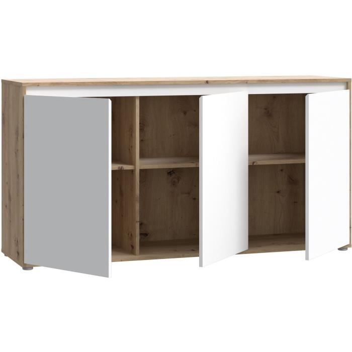 Buffet - SKELPE - Blanc mat et chene - 3 portes + 3 tablettes - 152,6 x 42 x 78,5 cm