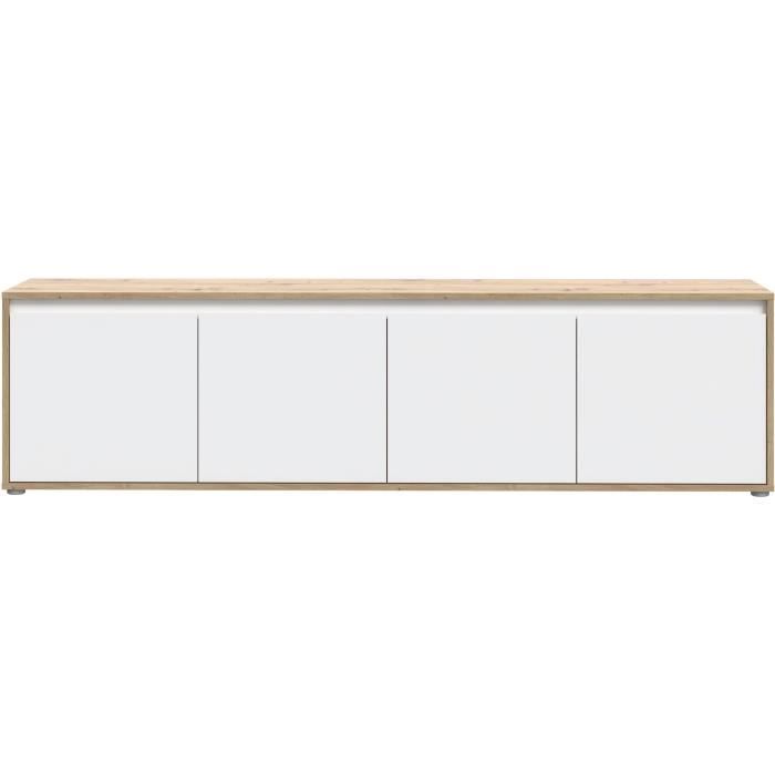 Meuble TV - SKELPE- Blanc mat et chene - 4 portes - 188,3 x 42 x 49,7 cm