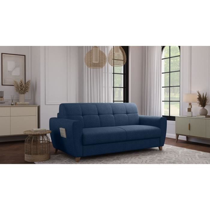 Canapé convertible express 3 places SKY - Tissu Bleu - matelas 14cm - 192 x 100 x 88 cm