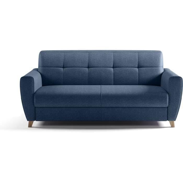 Canapé convertible express 3 places SKY - Tissu Bleu - matelas 14cm - 192 x 100 x 88 cm