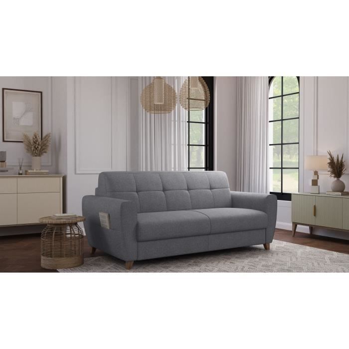 Canapé convertible express 3 places SKY - Tissu Gris - matelas 14cm - 192 x 100 x 88 cm