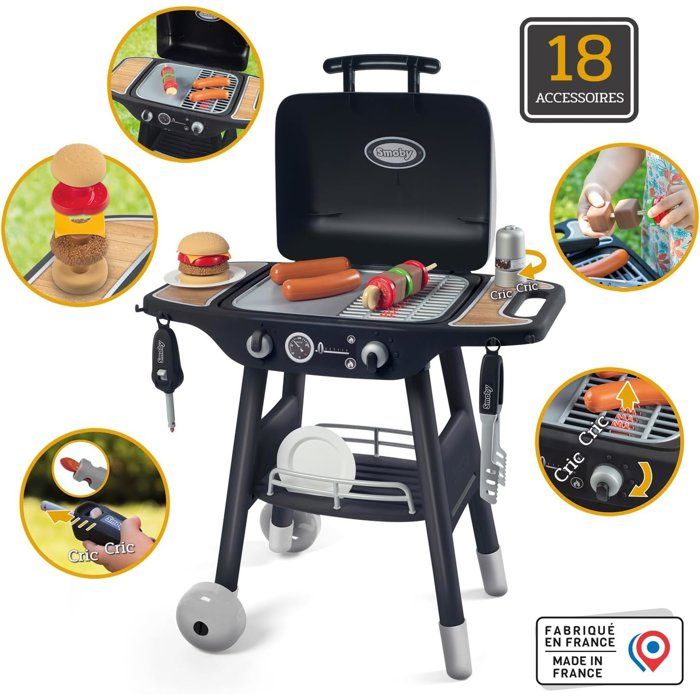 SMOBY - Barbecue grill sur Pieds - 18 Accessoires - Hamburger et brochette a assembler - Ustensiles - 3 ans - Fabrication Française