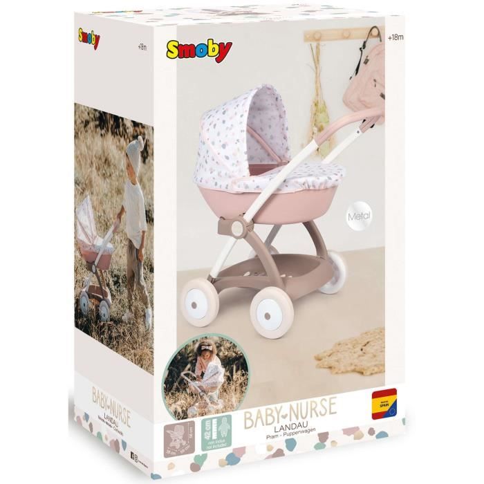 Poussette Landau pour poupÈe Baby Nurse - Smoby - Avec nacelle et canopy en plastique - Rose et blanc