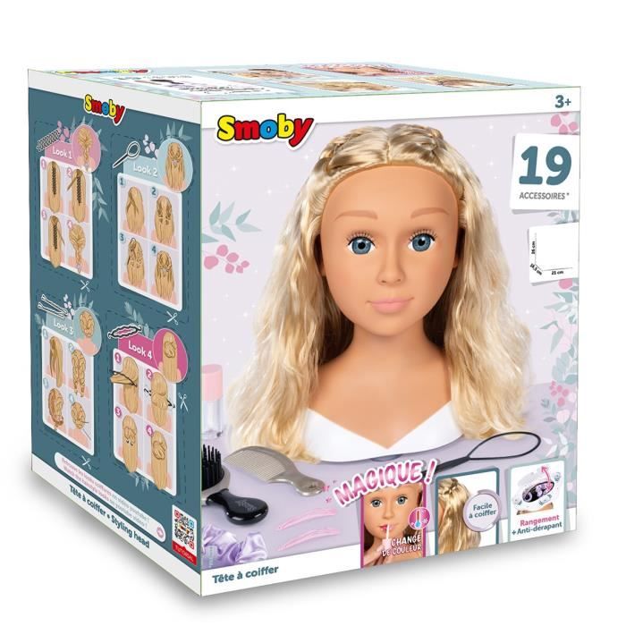 Smoby - Tete a coiffer blonde - Facile a coiffer - 19 accessoires réalistes - Levres thermosensibles - Trappe de rangement