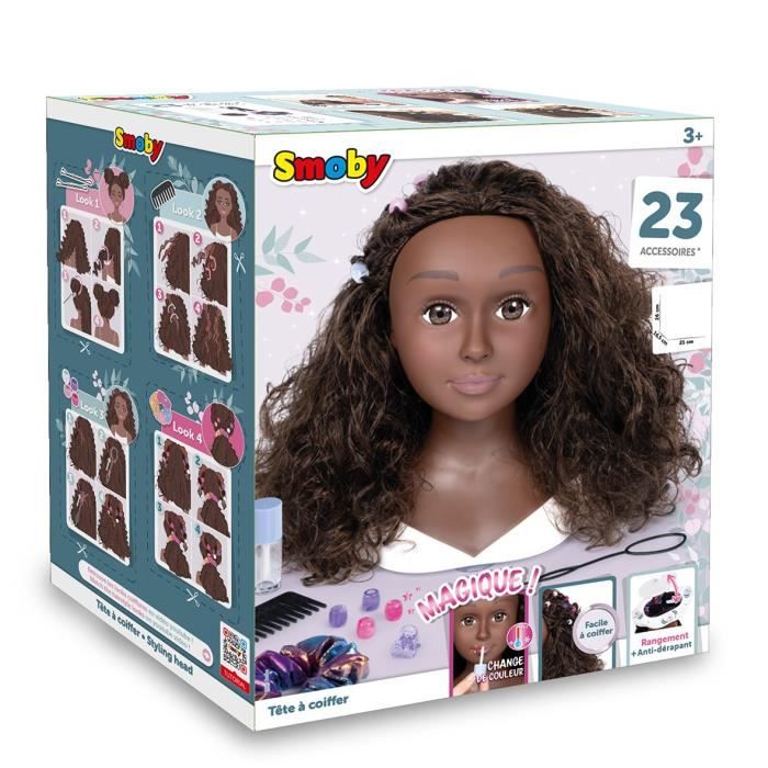 Smoby - Tete a coiffer cheveux afro - Facile a coiffer - 23 accessoires rÈalistes - Levres thermosensibles - Trappe de rangement