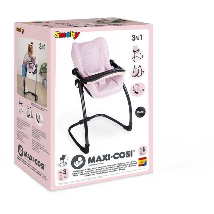 SMOBY - Maxi cosi - Siege + Chaise haute rose -3 en 1 - Pour poupon - Des 3 ans