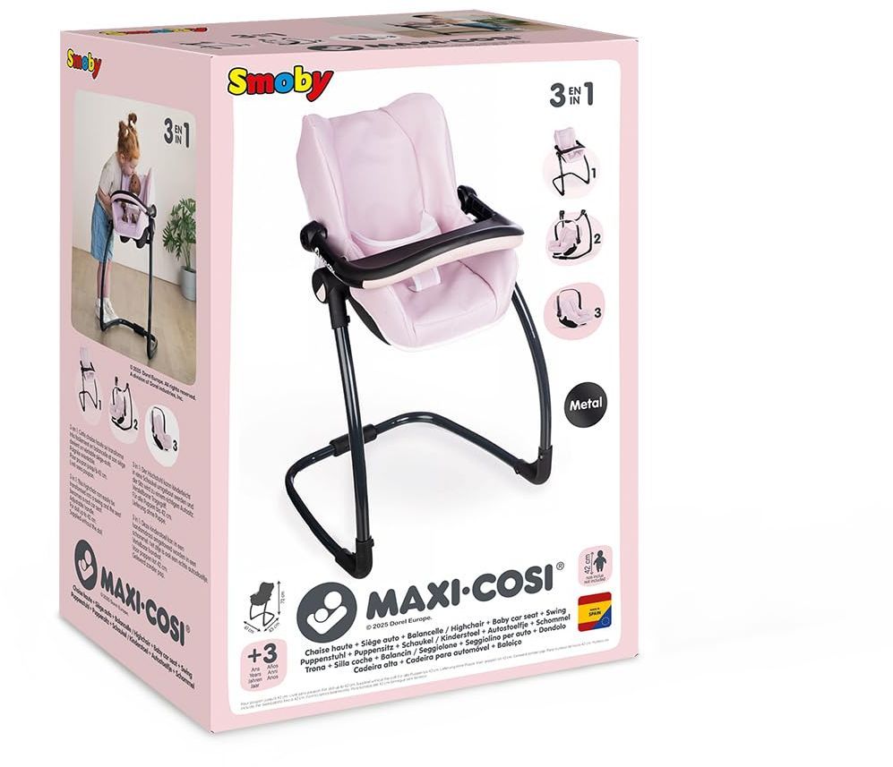SMOBY - Maxi cosi - Siege + Chaise haute rose -3 en 1 - Pour poupon - Des 3 ans