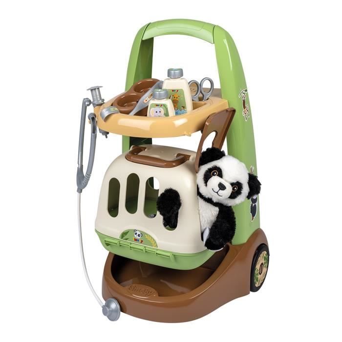 Smoby - Chariot Vétérinaire de Zoo - Peluche Panda - Nombreux accessoires inclus - Produit 2 en 1 : Cage de transport - Fabrication