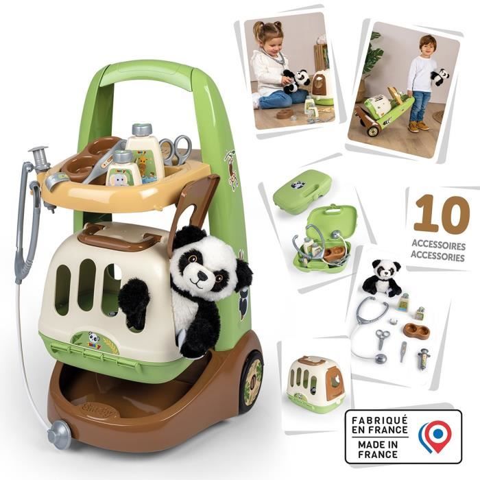 Smoby - Chariot Vétérinaire de Zoo - Peluche Panda - Nombreux accessoires inclus - Produit 2 en 1 : Cage de transport - Fabrication