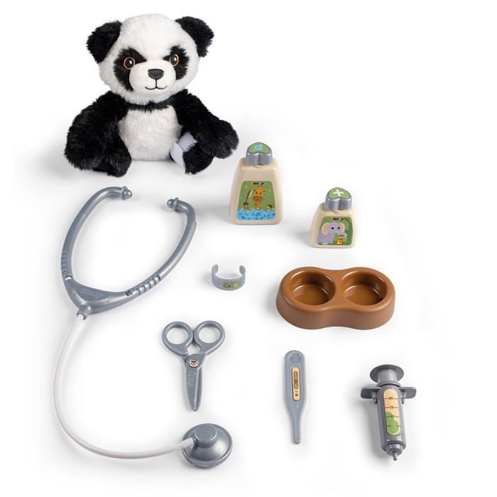 Smoby - Chariot Vétérinaire de Zoo - Peluche Panda - Nombreux accessoires inclus - Produit 2 en 1 : Cage de transport - Fabrication
