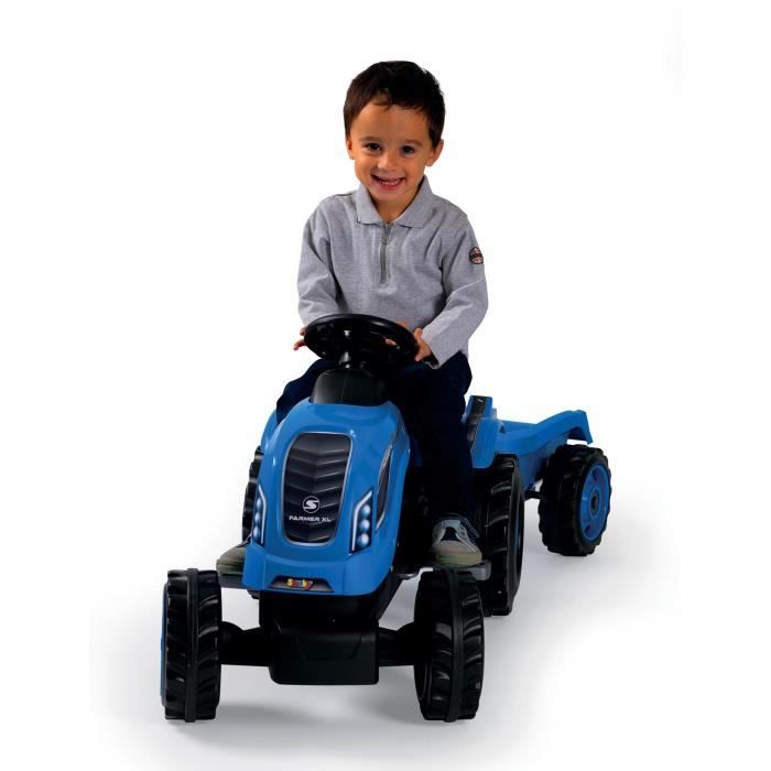 Tracteur a pÈdales Farmer XL + Remorque - Bleu - SMOBY - Siege ajustable - Capot ouvrant - Klaxon - 90% plastique recyclÈ