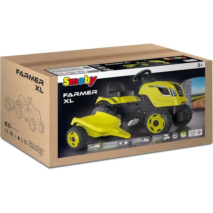 Smoby - Tracteur Farmer XL Vert + Remorque - Tracteur a Pédales - Siege Ajustable - Volant avec Klaxon - Capot Ouvrable - Des 3 ans