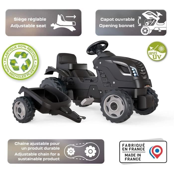 Tracteur a pÈdales Farmer XL + Remorque - SMOBY - Noir - 90% Plastique recyclÈ- Siege ajustable - Capot ouvrant - Volant avec