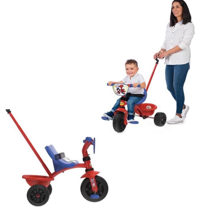 Smoby - Tricycle Be Fun - Spidey - Evolutif de 15 mois a 3 ans - Canne parentale rÈglable sur 3 positions - Ceinture de sÈcuritÈ