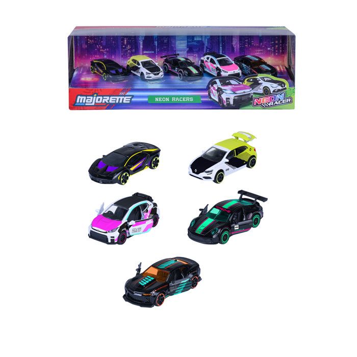 Coffret Cadeau 5 Neon Racers - MAJORETTE - Série Limitée - Voitures métal fluorescentes - Échelle 1/64 - Des 3 ans
