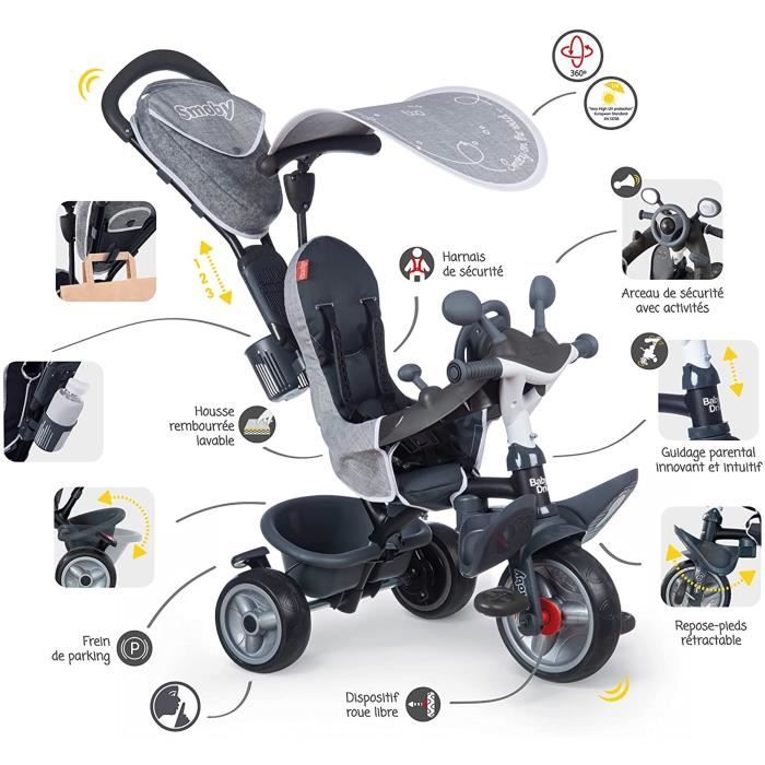 SMOBY Tricycle enfant Èvolutif Baby Driver Plus - Structure mÈtal - Gris