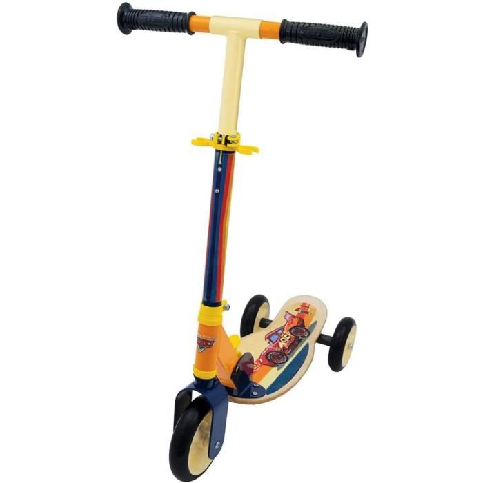 Smoby - Cars - Patinette pliable - 3 roues silencieuses - Plateau bois - Jaune et Multicolore - Trottinette avec guidon rÈglable