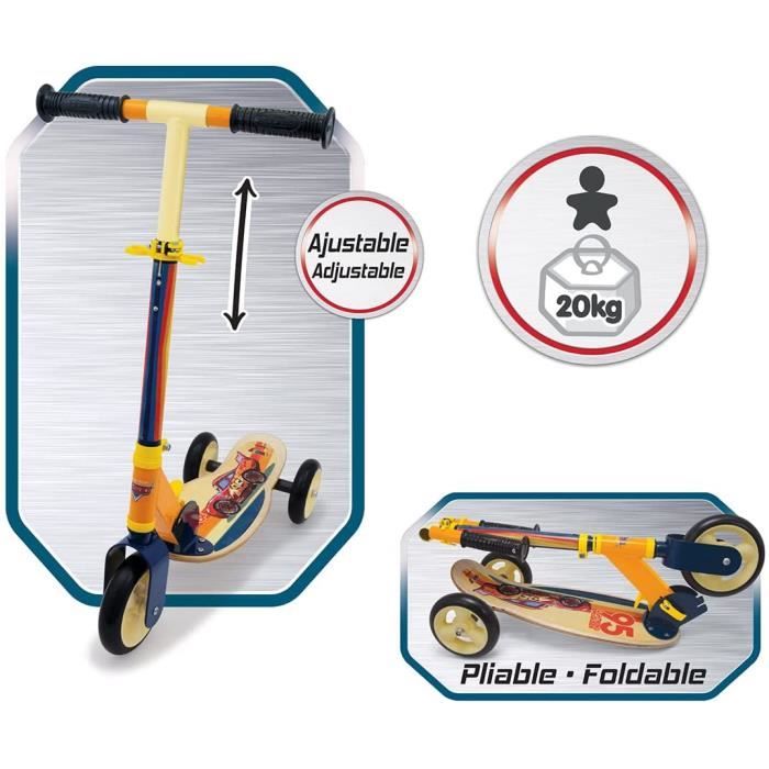 Smoby - Cars - Patinette pliable - 3 roues silencieuses - Plateau bois - Jaune et Multicolore - Trottinette avec guidon rÈglable