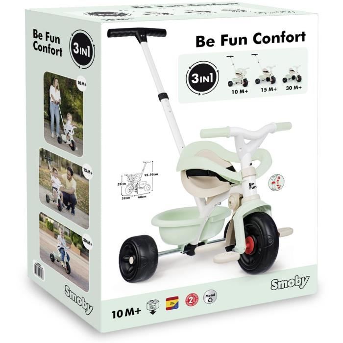 SMOBY - Tricycle Be Fun Confort - Evolutif 3 en 1 - Poignée Parentale Réglable sur 3 Hauteurs - Siege Réglable - Des 10 mois