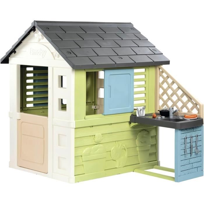 Smoby Life - Maison Pretty + Cuisine d'été - Plaque Grill et évier - 17 accessoires - Matiere Recyclée - Des 2 Ans