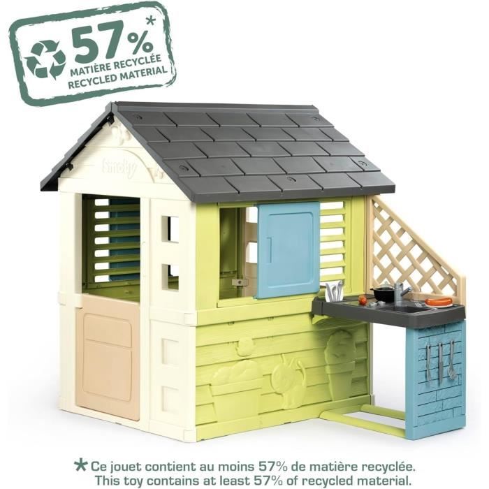 Smoby Life - Maison Pretty + Cuisine d'été - Plaque Grill et évier - 17 accessoires - Matiere Recyclée - Des 2 Ans