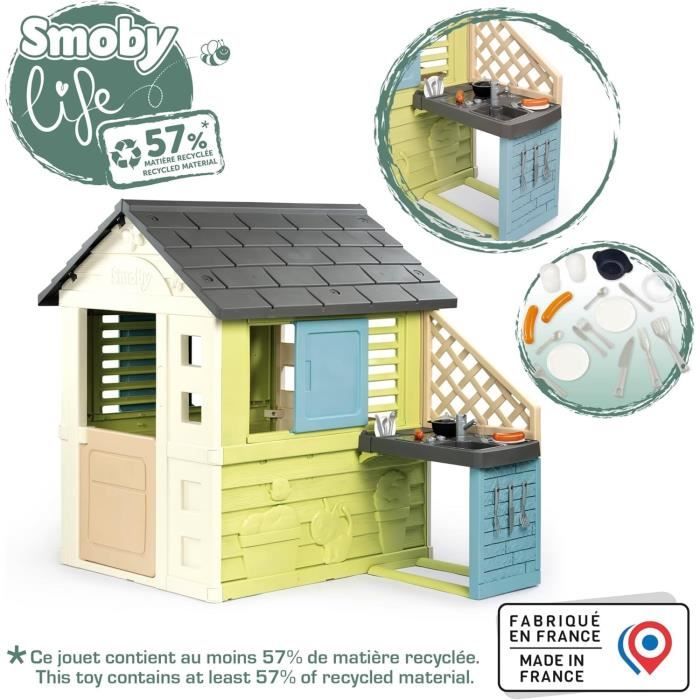 Smoby Life - Maison Pretty + Cuisine d'été - Plaque Grill et évier - 17 accessoires - Matiere Recyclée - Des 2 Ans