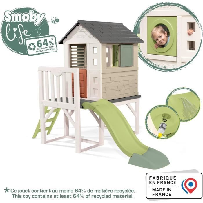 Smoby Life - Maison Pilotis avec toboggan - Nouveau colori - Plateforme 70cm - Anti-UV - Fabriqué en France
