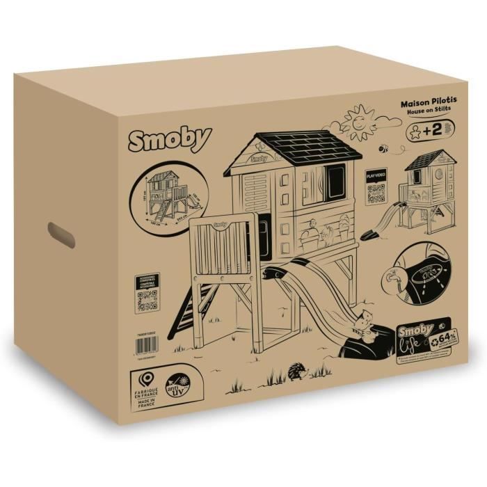 Smoby Life - Maison Pilotis avec toboggan - Nouveau colori - Plateforme 70cm - Anti-UV - Fabriqué en France