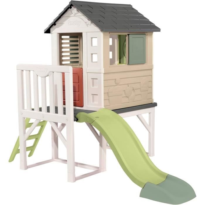 Smoby Life - Maison Pilotis avec toboggan - Nouveau colori - Plateforme 70cm - Anti-UV - Fabriqué en France