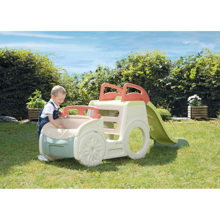 SMOBY Life - Adventure Car avec toboggan - 3 activités - Tobbogan,Bac a sable, Poste de conduite - Matiere Recyclée - Des 18 mois