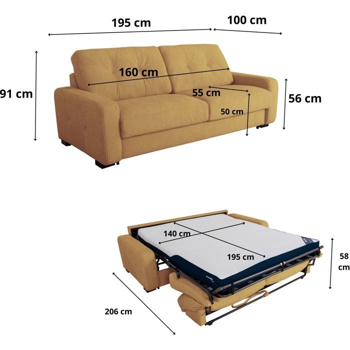 Canapé convertible express - 2/3 places - SOA - Tissu gauffré - Ocre - Matelas 15 cm - 195 x 100 x 91 cm - DUNLOPILLO