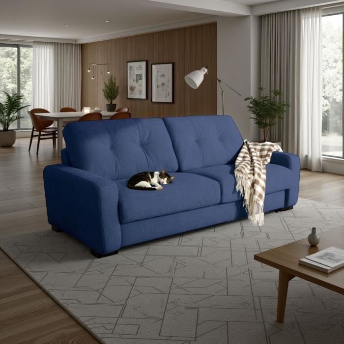Canapé convertible express - 2/3 places - SOA - Tissu gauffré - Saphir - Matelas 15 cm - 195 x 100 x 91 cm - DUNLOPILLO