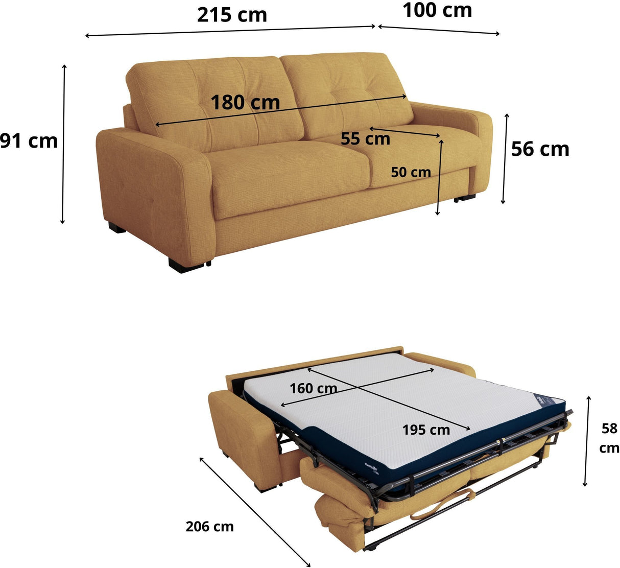 Canapé convertible express - 3 places - SOA - Tissu gauffré - Ocre - Matelas 15 cm - 215 x 100 x 91 cm - DUNLOPILLO
