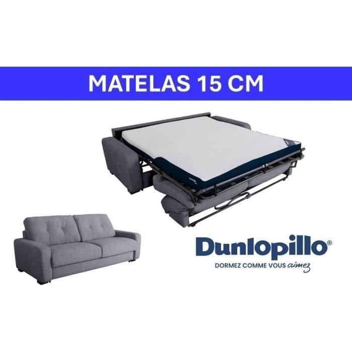 Canapé convertible express - 3 places - SOA - Tissu gauffré - Gris souris - Matelas 15 cm - 215 x 100 x 91 cm - DUNLOPILLO