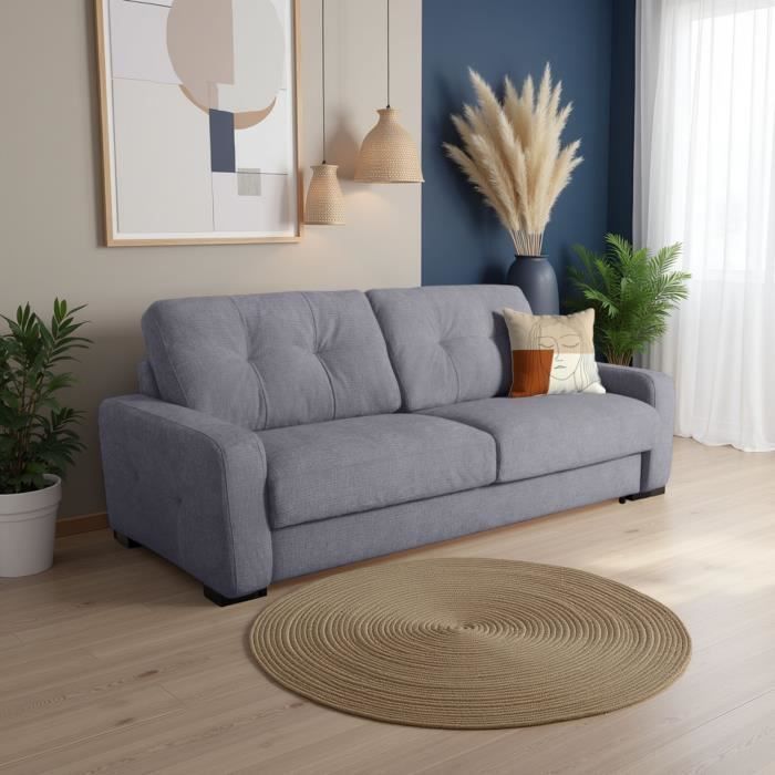 Canapé convertible express - 3 places - SOA - Tissu gauffré - Gris souris - Matelas 15 cm - 215 x 100 x 91 cm - DUNLOPILLO