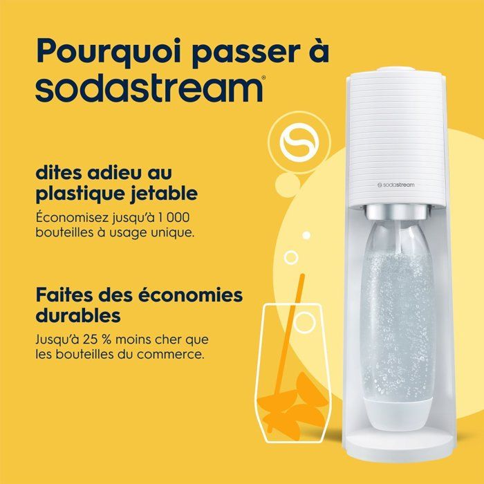 Machine a soda et eau pétillante SODASTREAM - TERRA Blanche - 1 bouteille compatible lave-vaisselle - 1 recharge de gaz 60L