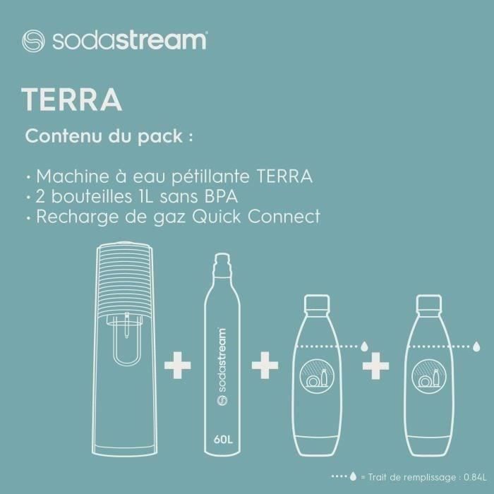 SodaStream TERRA Machine a Eau PÈtillante -Pack 2 Bouteilles 1L Compatible Lave-Vaisselle + 1 Recharge de Gaz 60L a Clipser