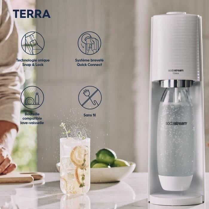Machine a soda et eau pétillante SODASTREAM - TERRA Blanche - 2 bouteilles compatible lave-vaisselle - 1 recharge de gaz 60L