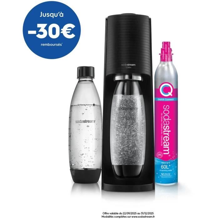 Machine a soda et eau pétillante SODASTREAM - TERRA Noire - 2 bouteilles compatible lave-vaisselle - 1 recharge de gaz 60L
