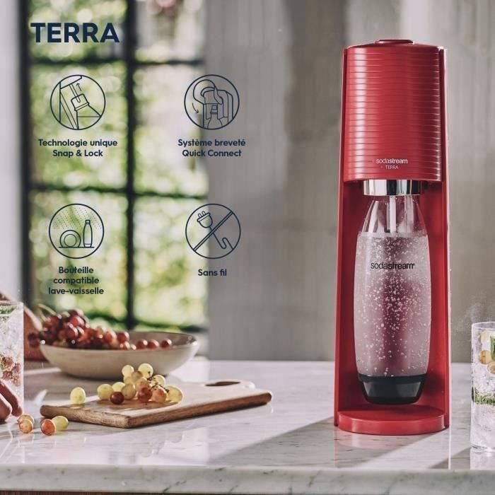 Machine a soda et eau pétillante SODASTREAM - TERRA Rouge - 1 bouteille compatible lave-vaisselle - 1 recharge de gaz 60L