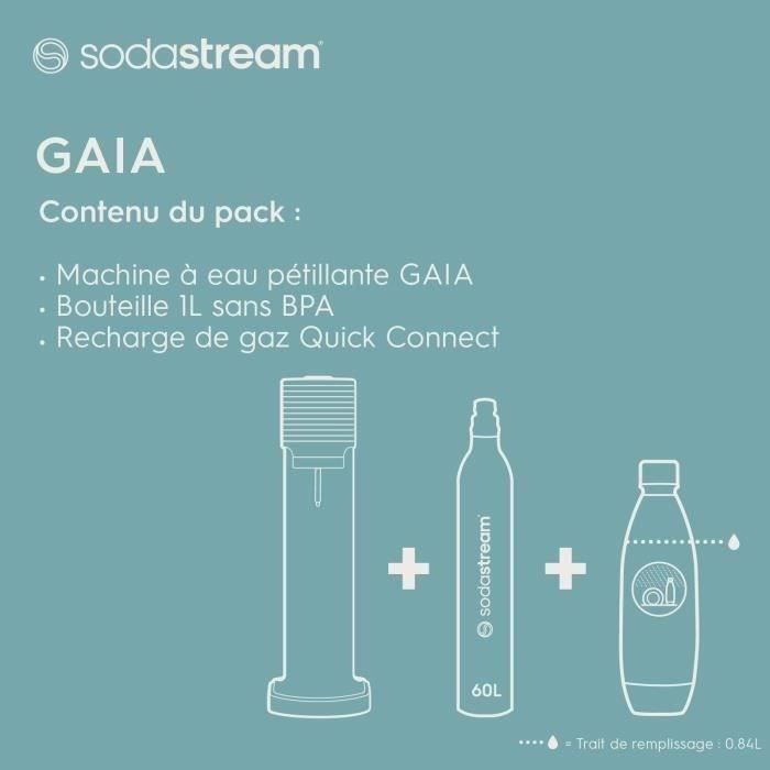 SodaStream GAIA Machine a Eau PÈtillante - Pack 1 Bouteille 1L Compatible Lave-Vaisselle + 1 Recharge de Gaz 60L a Clipser - Noire