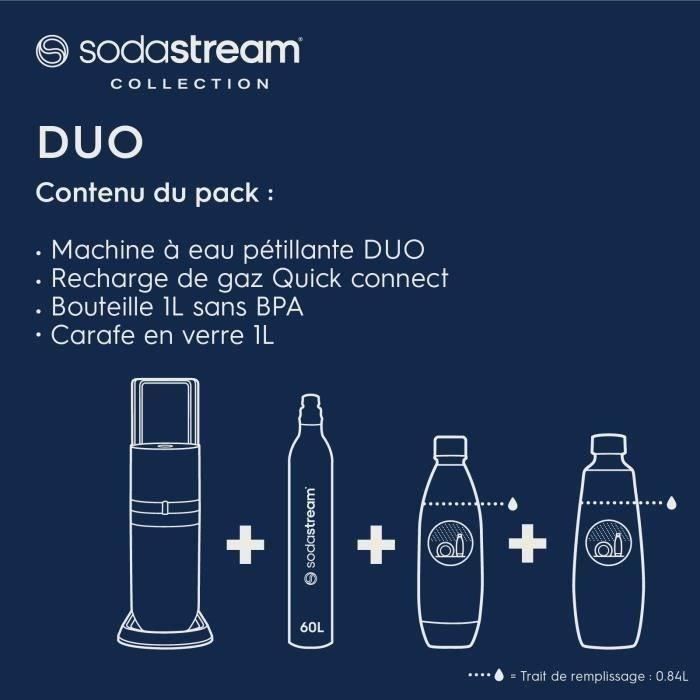 SODASTREAM Duo - Machine a Eau PÈtillante Noire - Pack 2 Bouteille 1L Compatible Lave-Vaisselle + 1 Recharge de Gaz 60L a Clipser